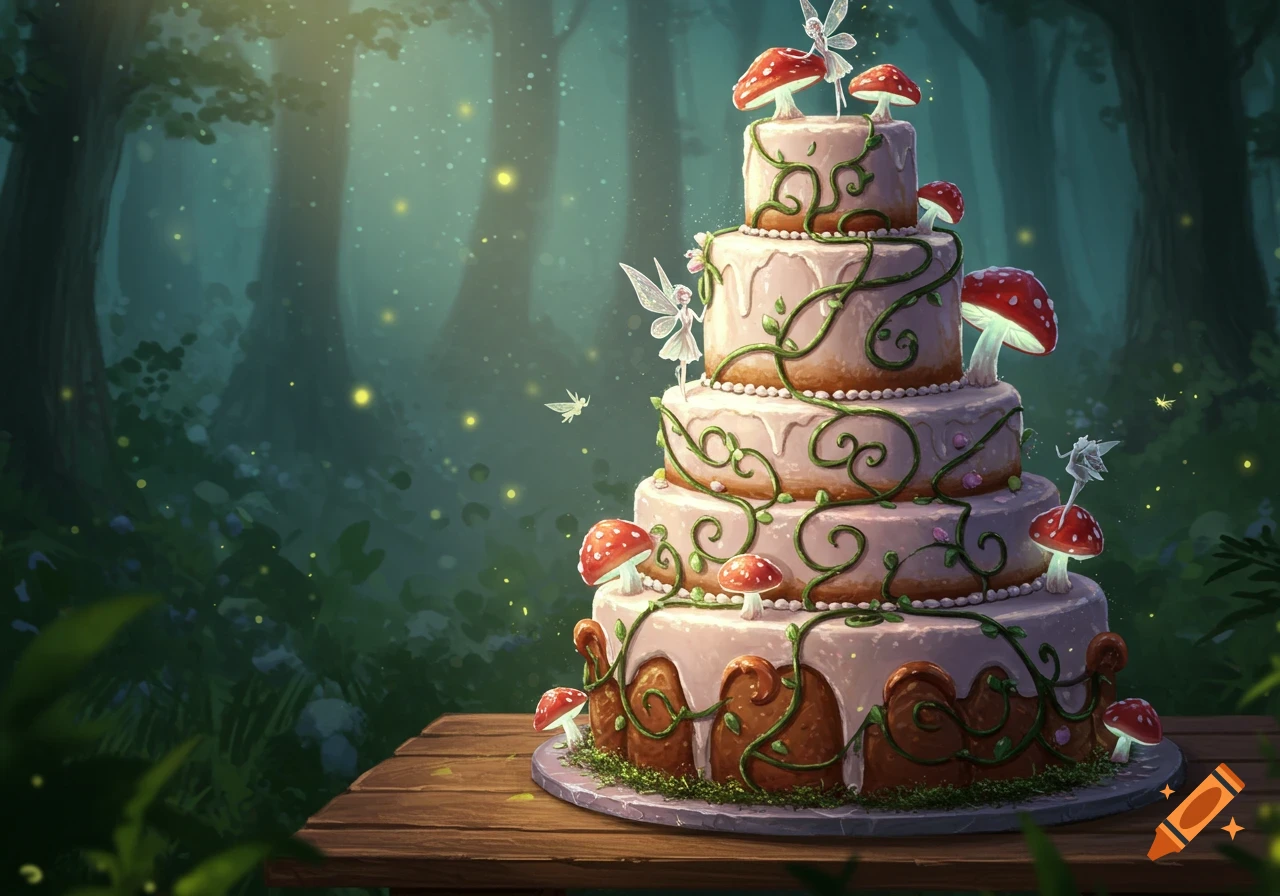 Whimsical fantasy cake with glowing mushrooms, sugar fairies, and vines on a rustic table in an enchanted forest.