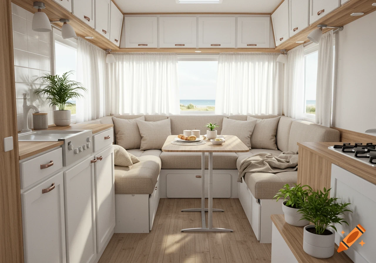 Modern Scandi Coastal caravan interior with a dining area, kitchen, seating, and a view of the beach.