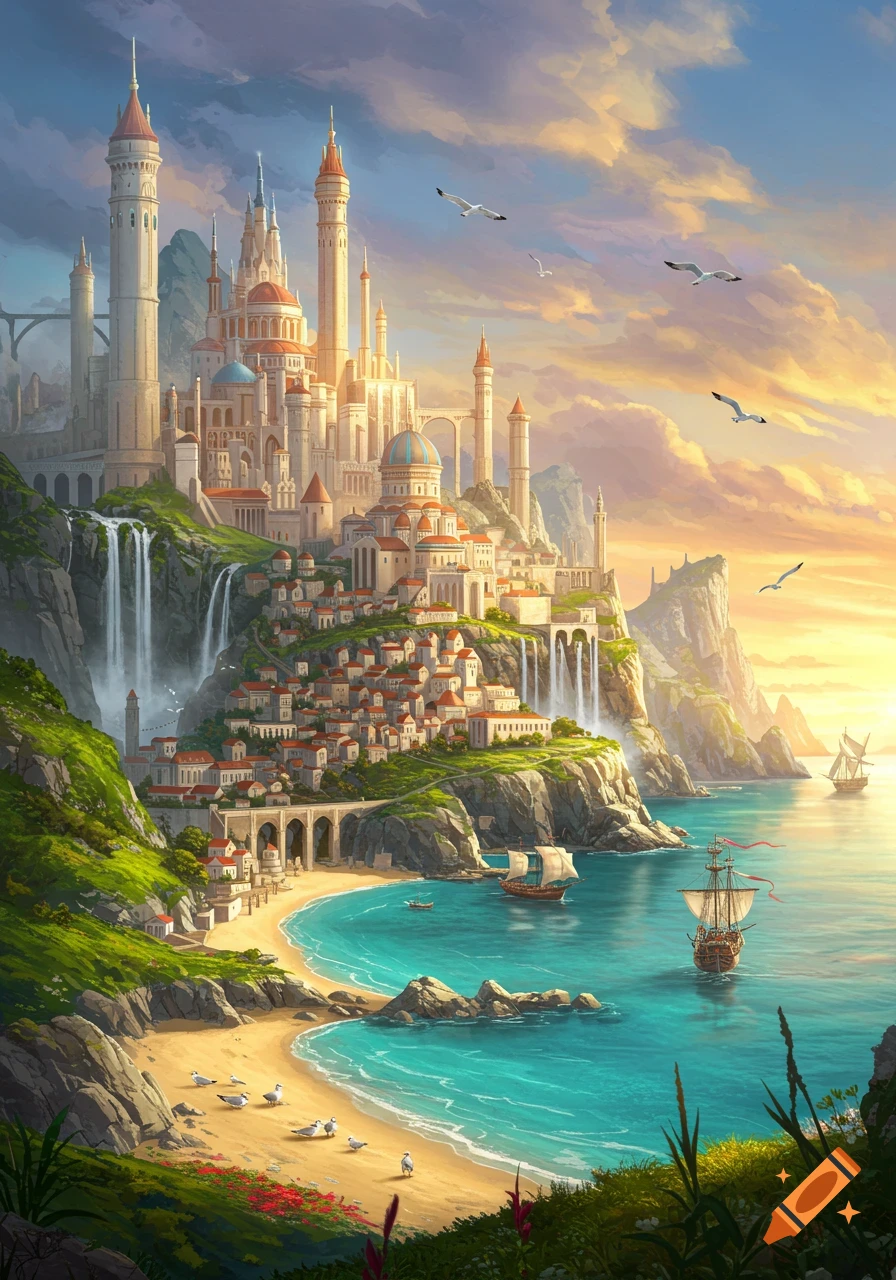A majestic fantasy kingdom with towering castles and houses on cliffs, overlooking a beach and turquoise sea with ships at sunset.