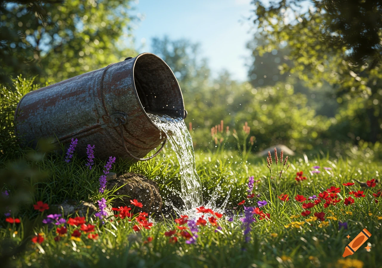 A rusty bucket spills water into a vibrant garden with colorful flowers under a sunny sky.