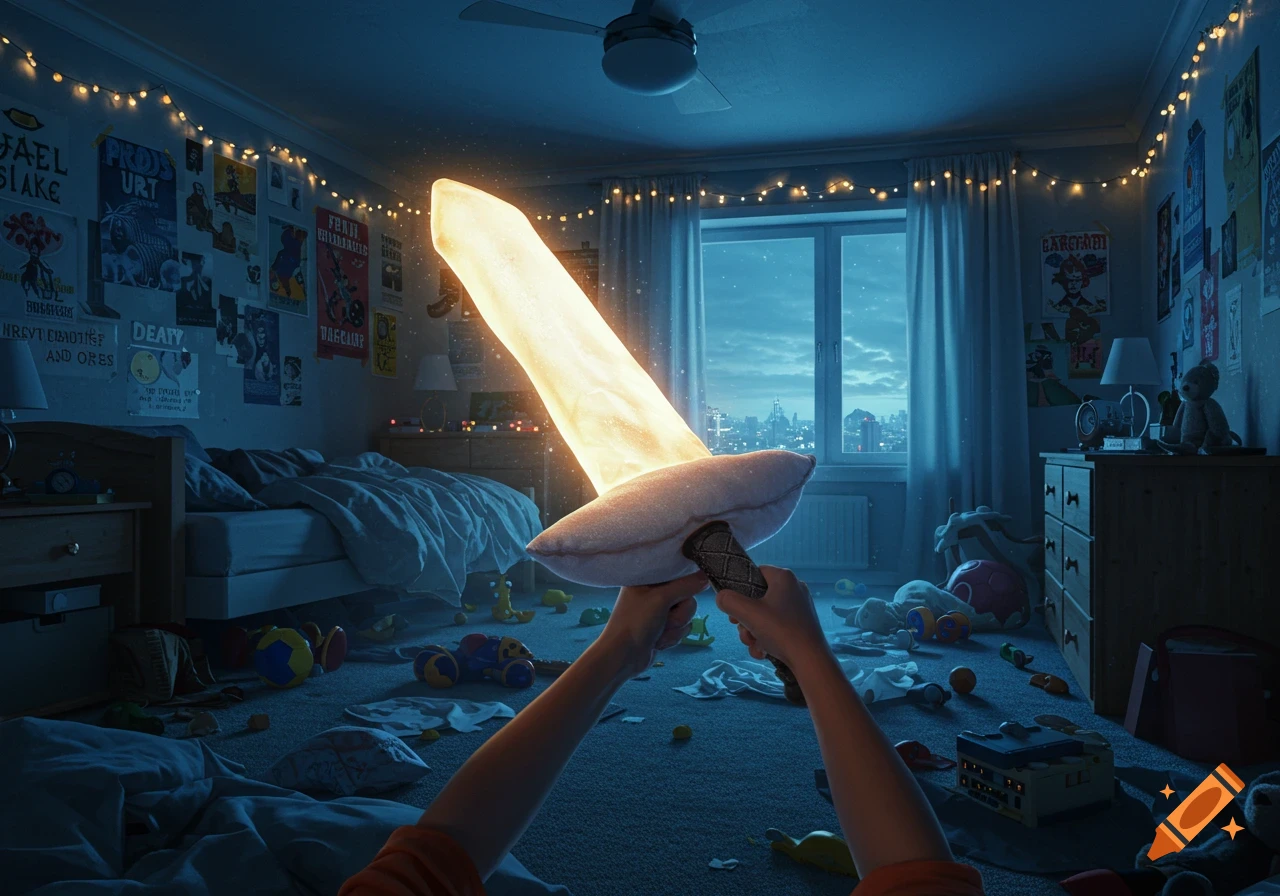 Child's hands holding a glowing pillow sword in a messy, dimly lit bedroom, imagining a battle, city lights outside.
