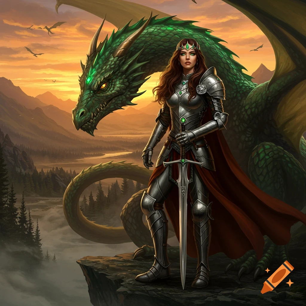 A warrior queen in silver armor with a red cape, holding a sword, stands on a cliff with a large green dragon against a sunset mountain landscape.