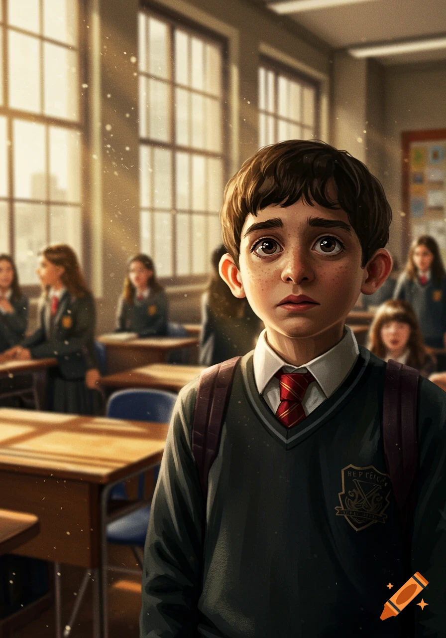 A worried young boy with large eyes and freckles wears a school uniform with a backpack, standing in a sunlit classroom filled with other students. Illustrated art style.