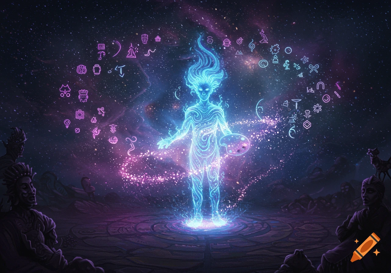 A glowing, ethereal human-like figure holding a painter's palette, standing in a vibrant cosmic void surrounded by abstract symbols and shadowy observers. Digital art.