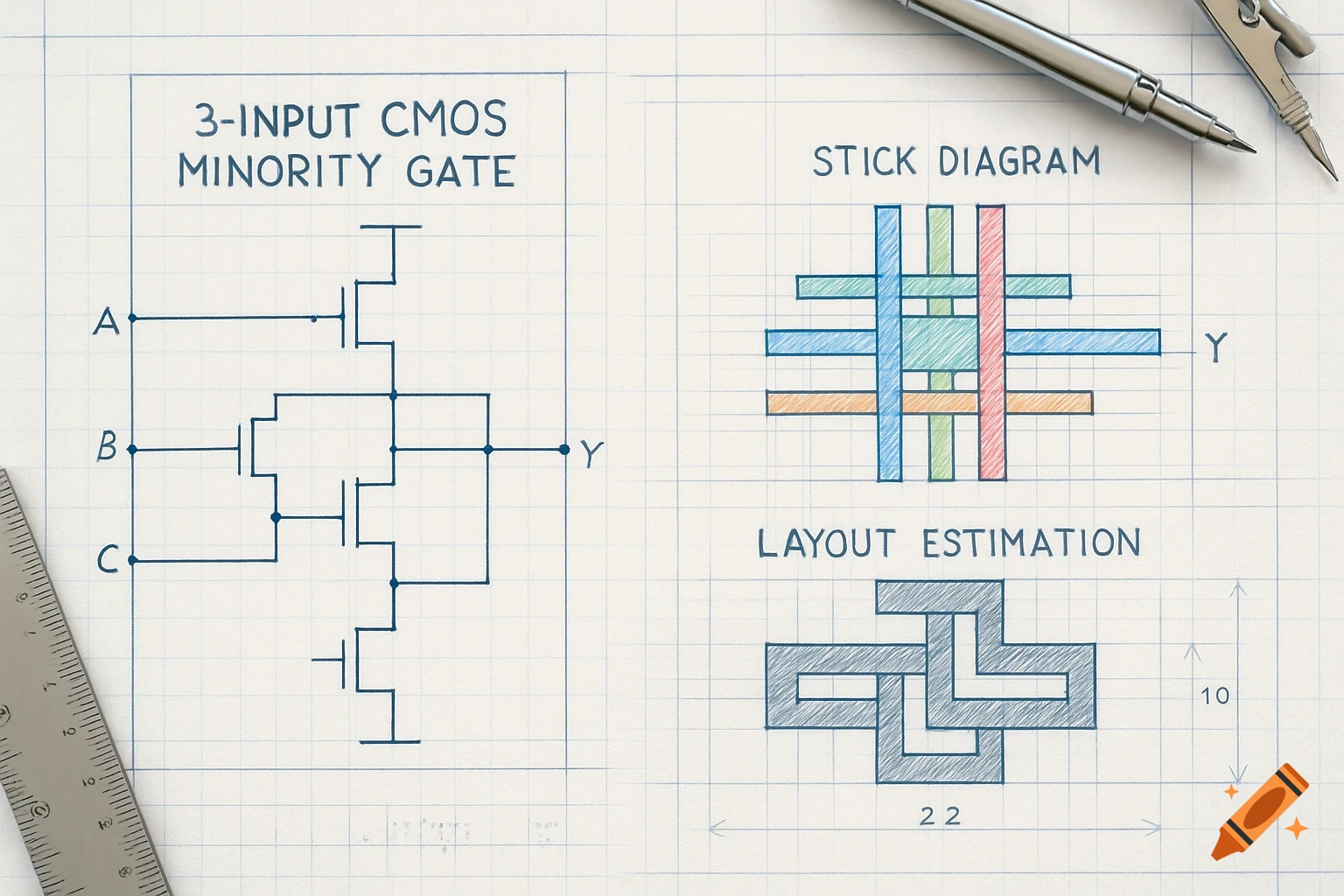 Technical drawings on graph paper, showing a 3-input CMOS minority gate schematic, stick diagram, and layout estimation, with a ruler and pen.