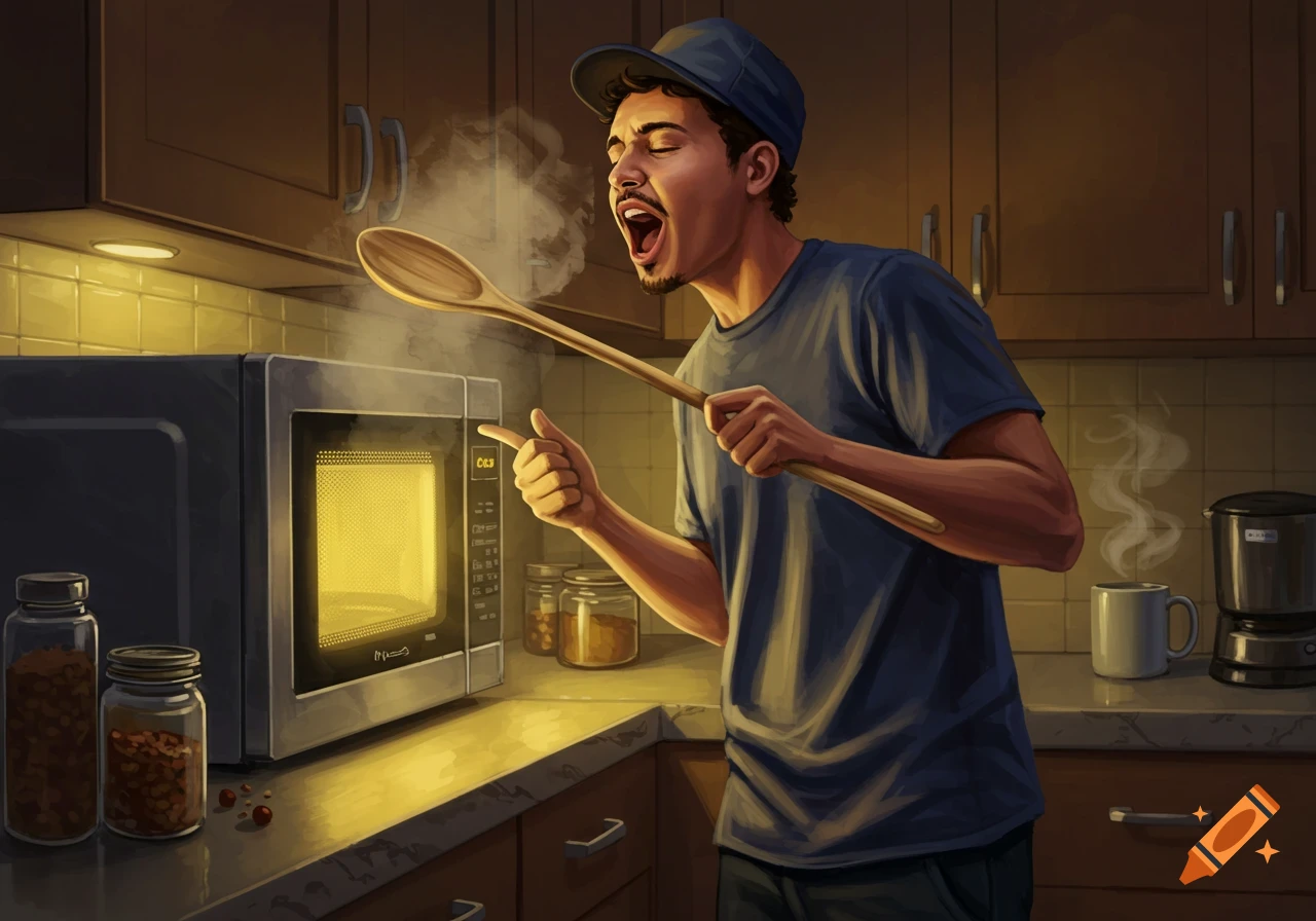 A man in a kitchen sings into a wooden spoon while pointing at a glowing microwave. Stylized illustration.