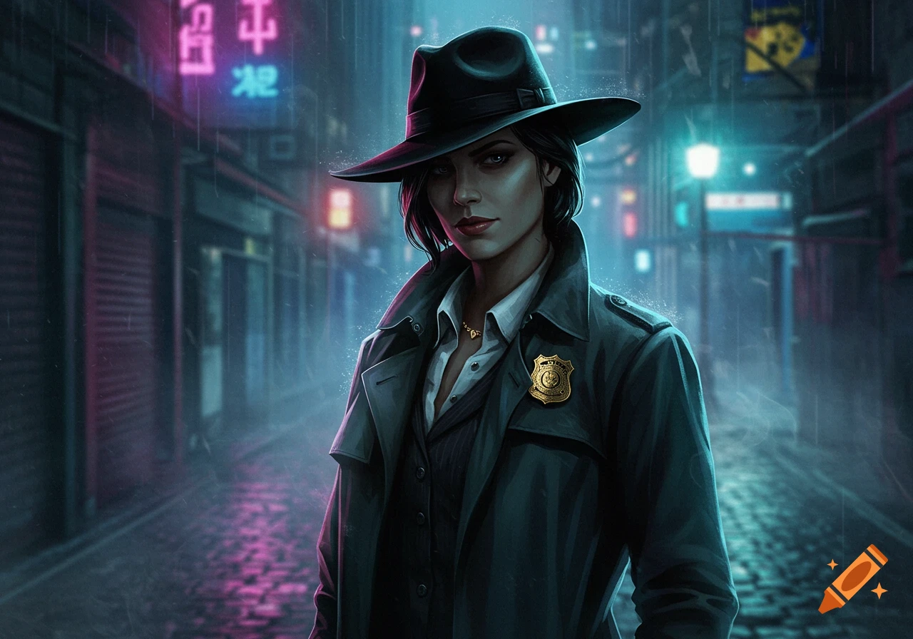 An illustrated female detective in a fedora and trench coat stands in a rainy, neon-lit cyberpunk street.