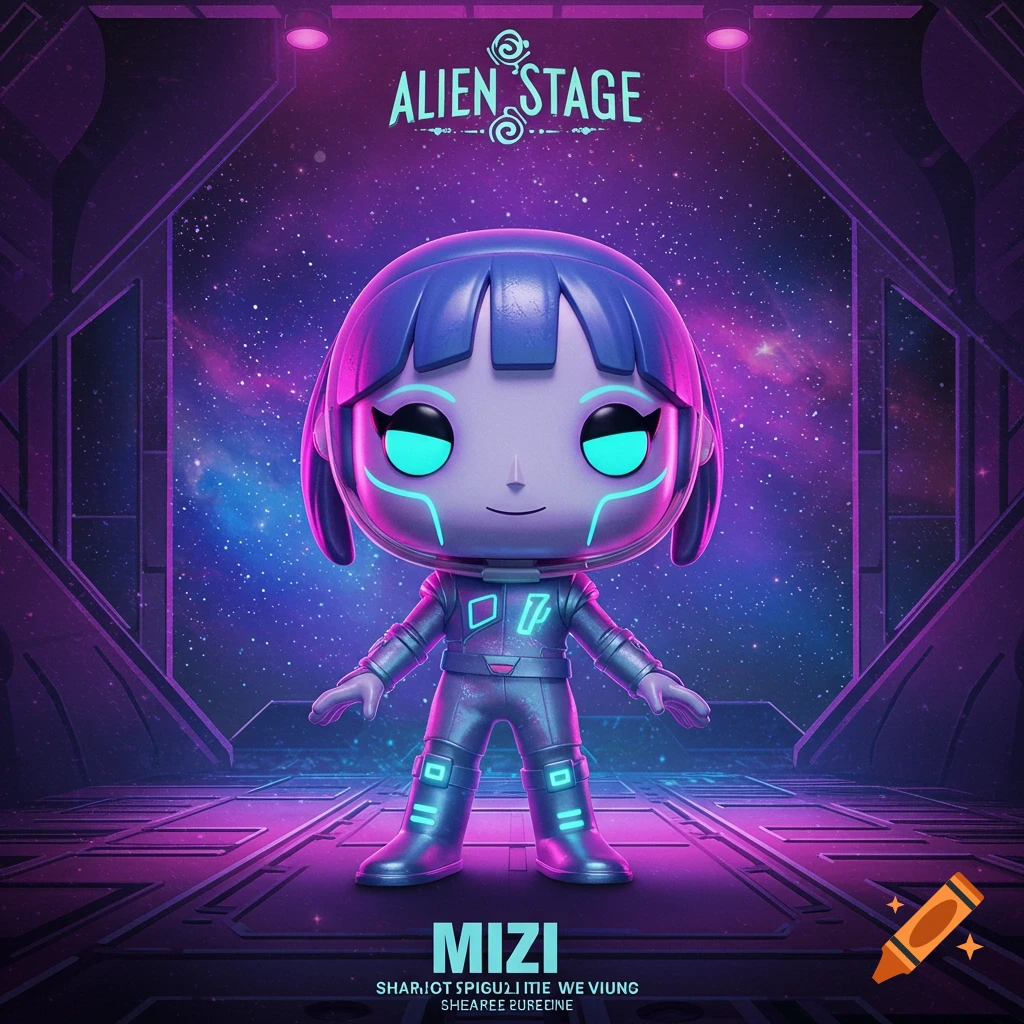 A stylized Funko Pop-like character, Mizi from Alien Stage, stands in a futuristic spaceship interior. The character has blue hair, glowing cyan eyes, and a silver astronaut suit. Neon pink and blue lights illuminate the scene.