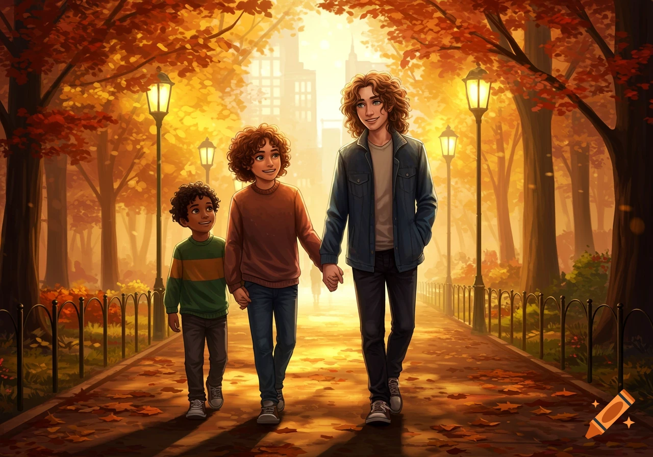 Illustrated scene of three males, two boys and a young man, holding hands and walking on a path in a colorful autumn park.