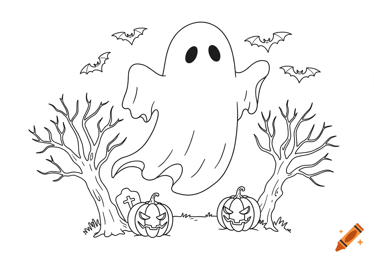 Black and white line art coloring page of a spooky ghost, bats, bare trees, jack-o'-lanterns, and a gravestone.