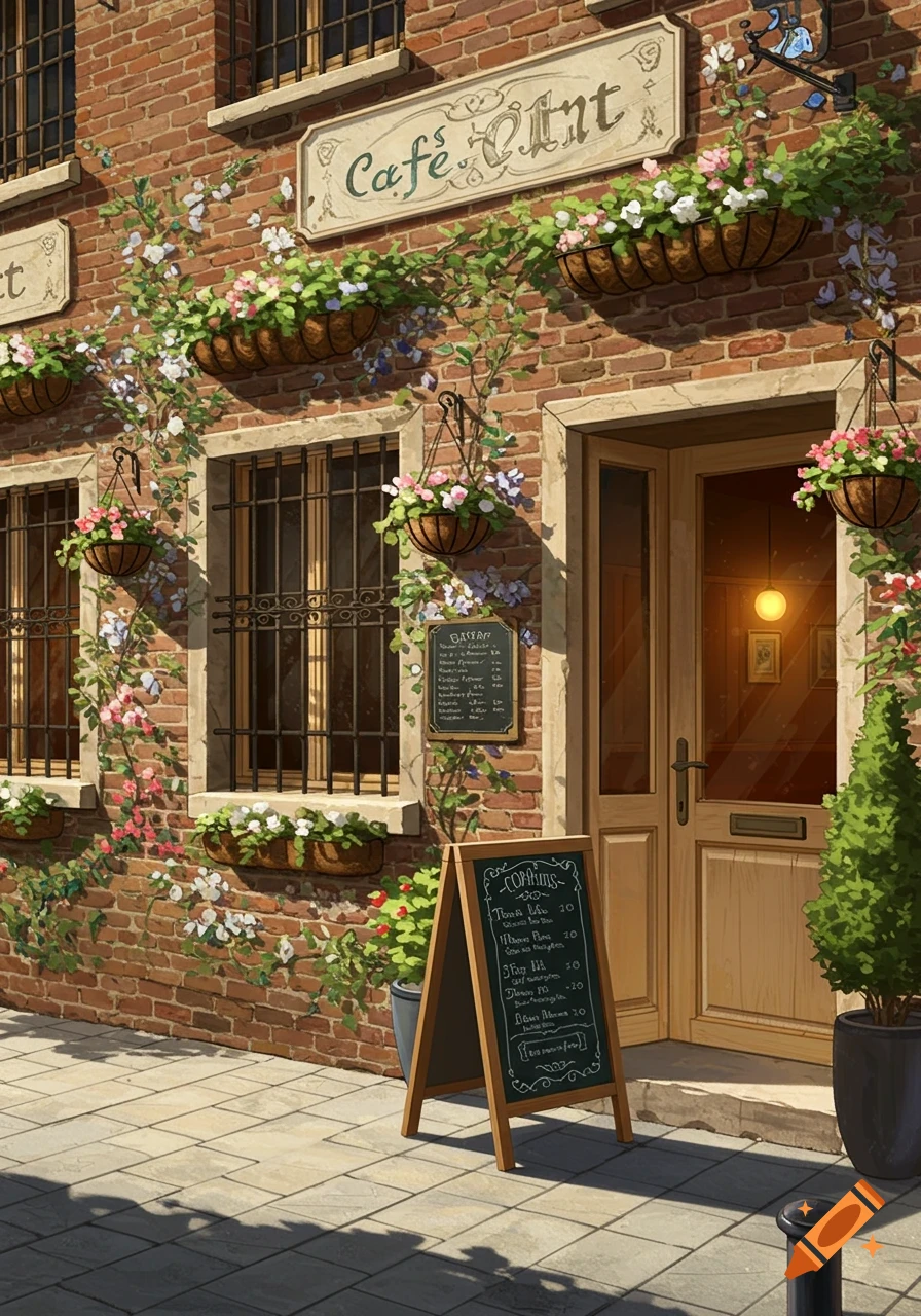 Illustrative painting of a charming brick cafe exterior adorned with flowering vines and hanging baskets, with menu chalkboards outside.