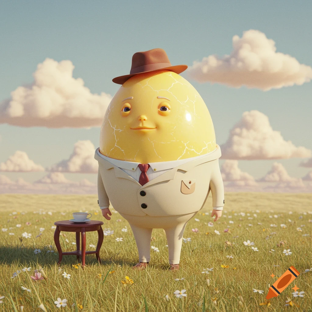A whimsical, anthropomorphic yellow egg character in a suit and hat stands in a field of wildflowers next to a small table with a cup.