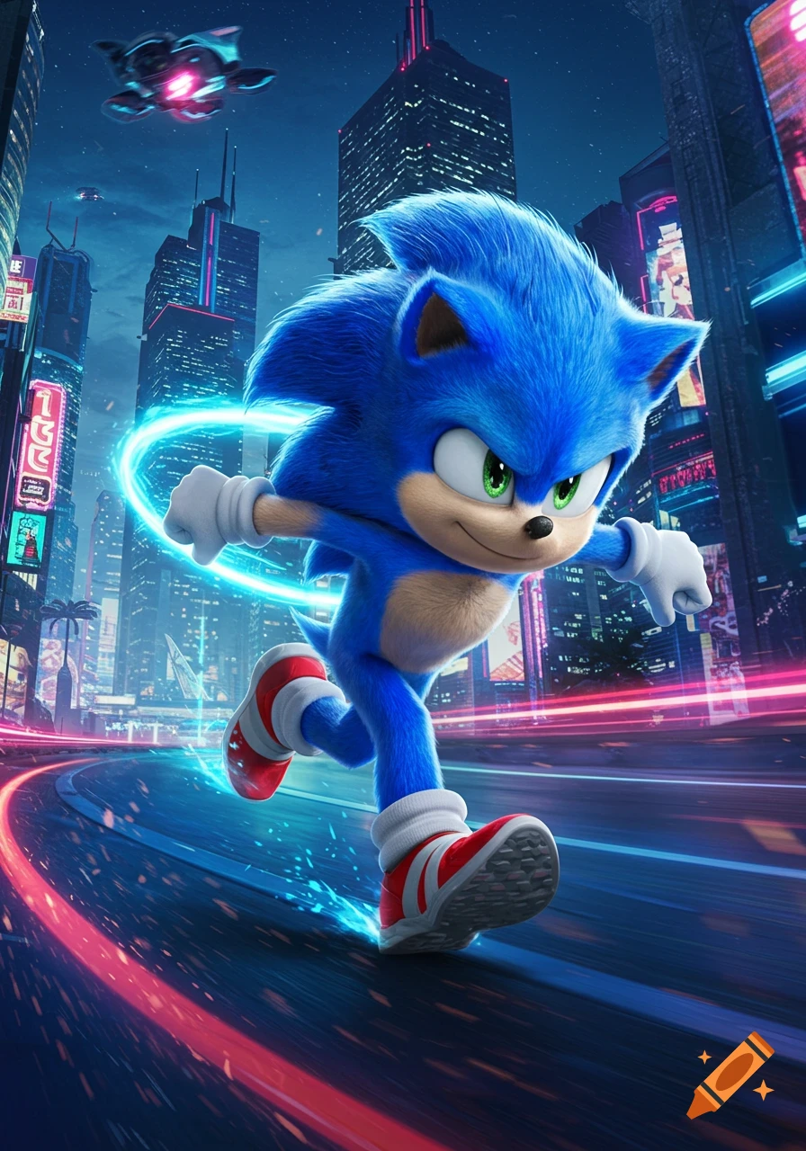 Sonic the Hedgehog runs through a futuristic city at night with neon lights and motion blur.