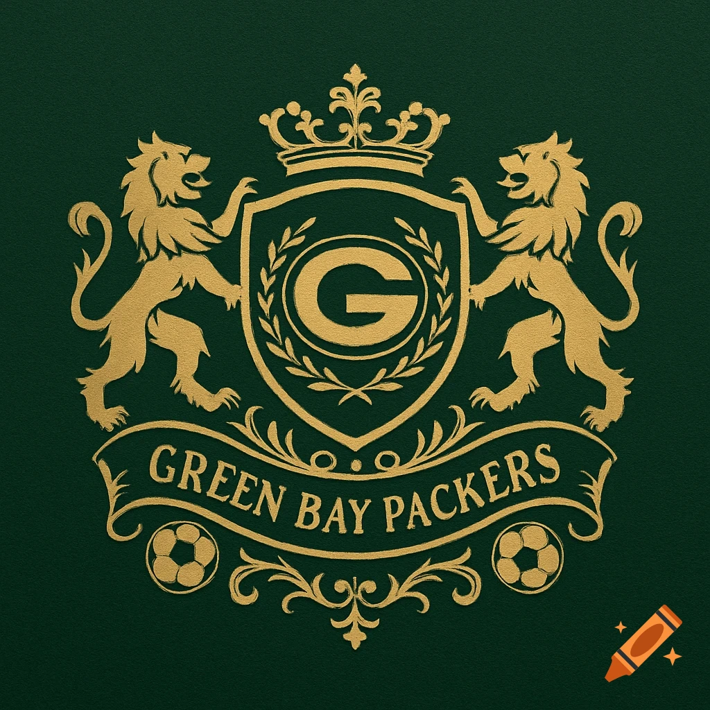 A regal gold and deep green crest logo featuring two lions, a crown, shield with a 'G', and 'GREEN BAY PACKERS' text.