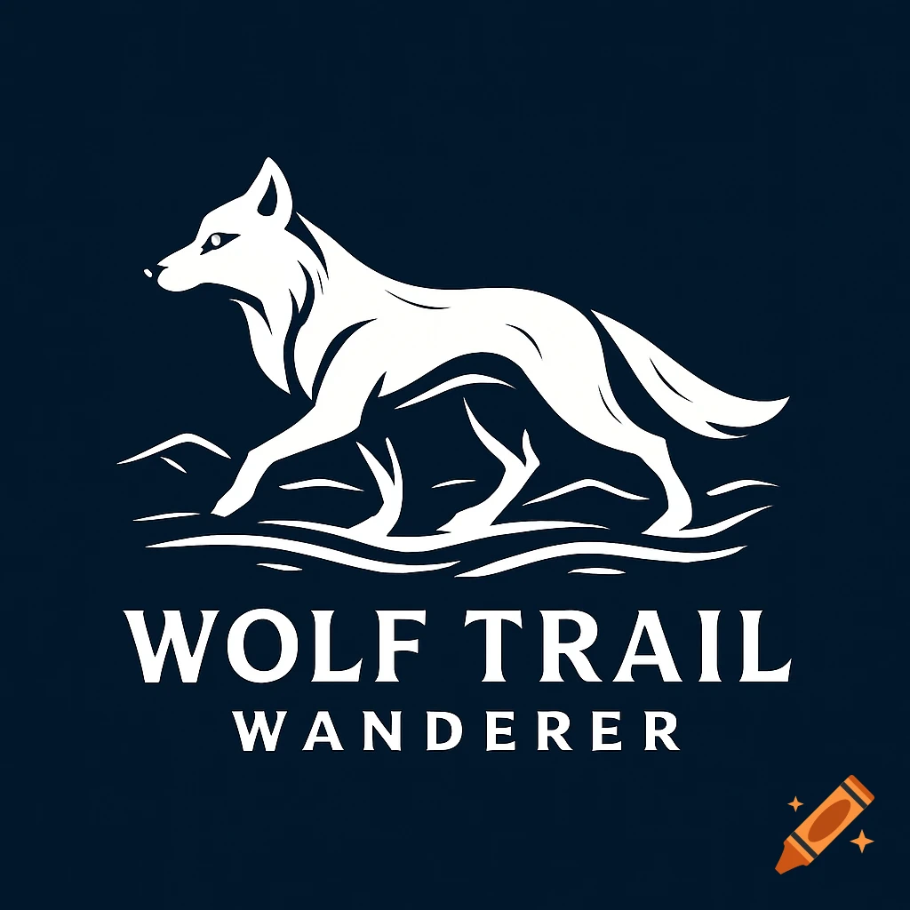 Minimalist white logo of a wolf walking on stylized ground with 'WOLF TRAIL WANDERER' text, on a dark blue background.
