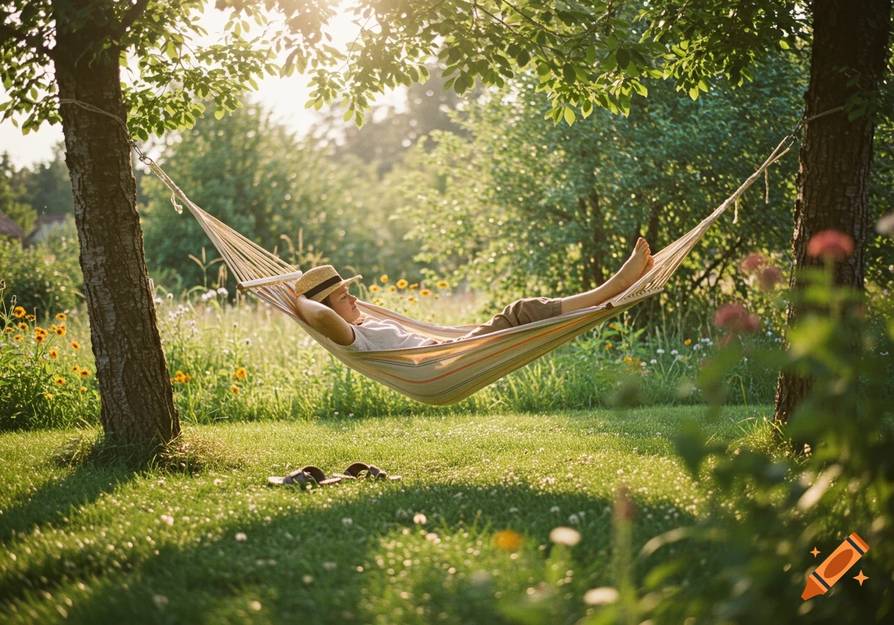 A person in a straw hat relaxes in a striped hammock, suspended between two trees in a sunny, green garden.