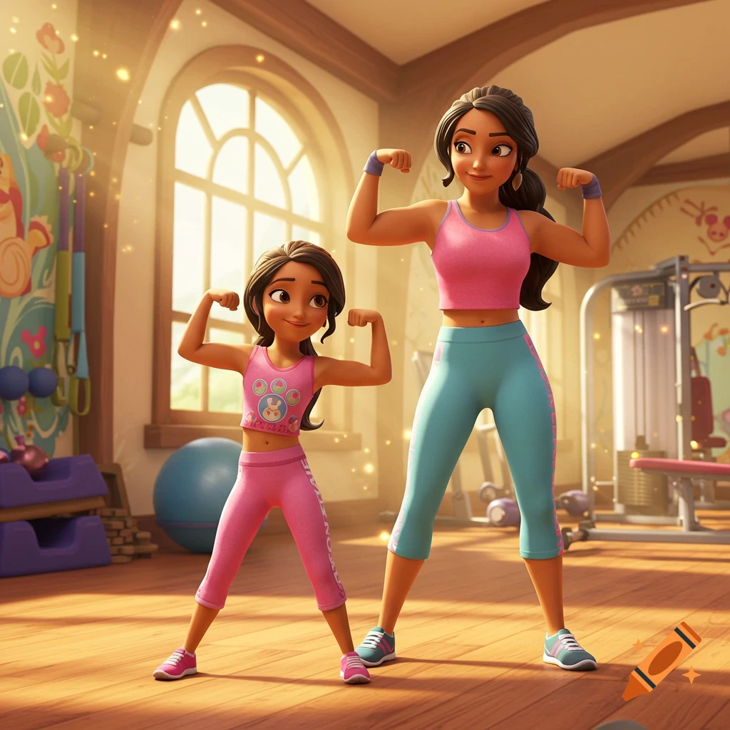 An animated mother and daughter, dressed in athletic wear, flex their muscles in a brightly lit gym.