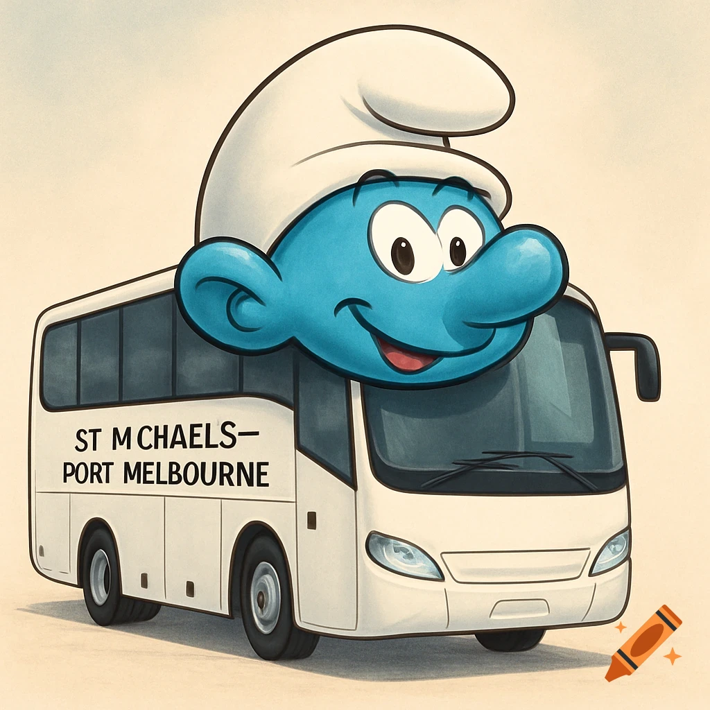 A cartoon Smurf head with a white hat on a white tour bus with 'ST MICHAELS-PORT MELBOURNE' on its side.