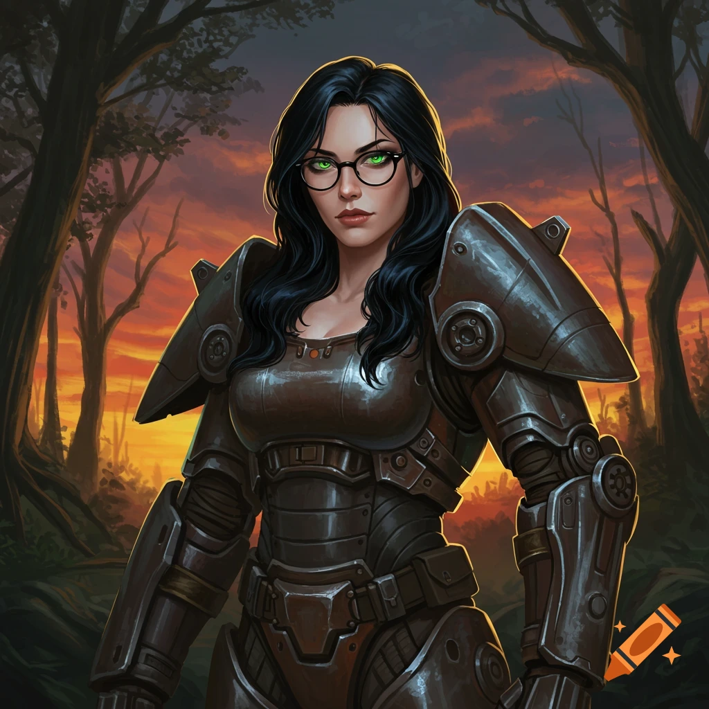 A black-haired woman with green eyes and glasses in Fallout-style power armor stands in a sunset forest.