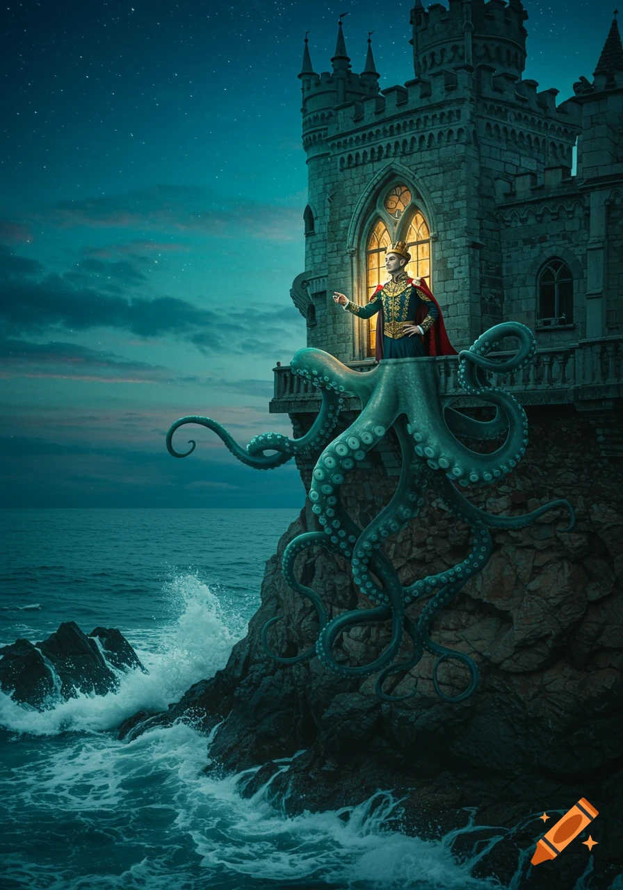A king in royal attire stands on a castle balcony with a giant octopus draped over the rocky cliff, overlooking a dark, starlit sea.