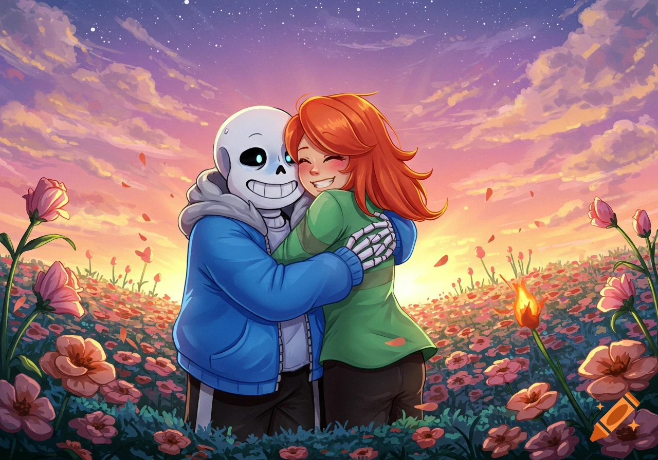 Sans the skeleton and a red-haired character happily hugging in a field of pink flowers under a vibrant sunset sky, anime style.