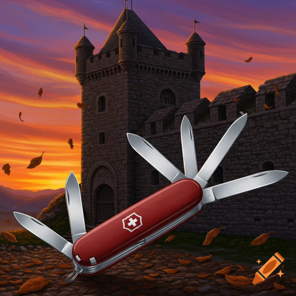 A red Swiss army knife with open blades floats before a medieval castle at sunset, with autumn leaves on the ground.