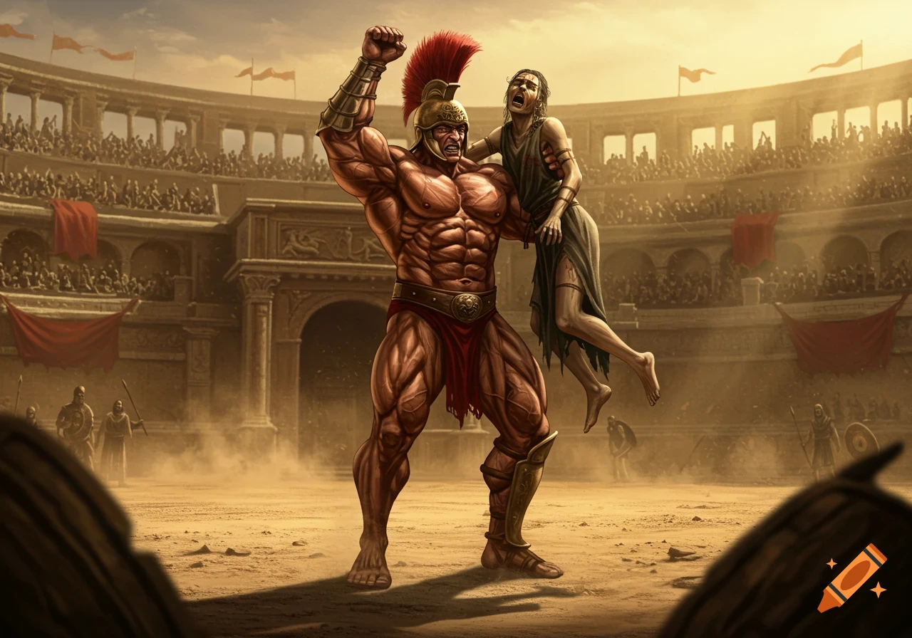 A muscular gladiator with a red-plumed helmet raises his fist, holding a distressed person aloft in a crowded ancient Roman coliseum.