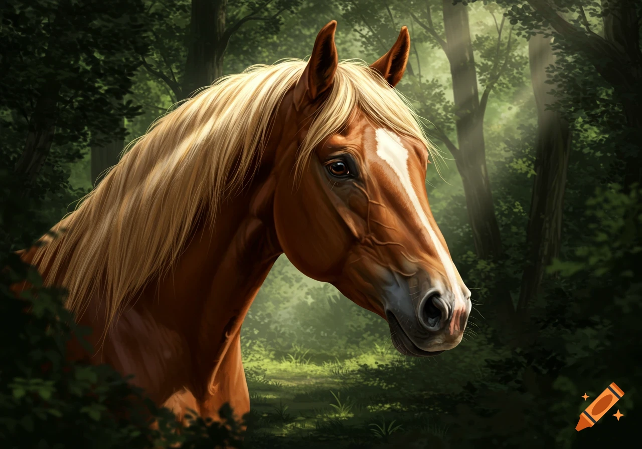 A detailed, realistic portrait of a brown horse with a blonde mane and white blaze, looking right in a sun-dappled forest.