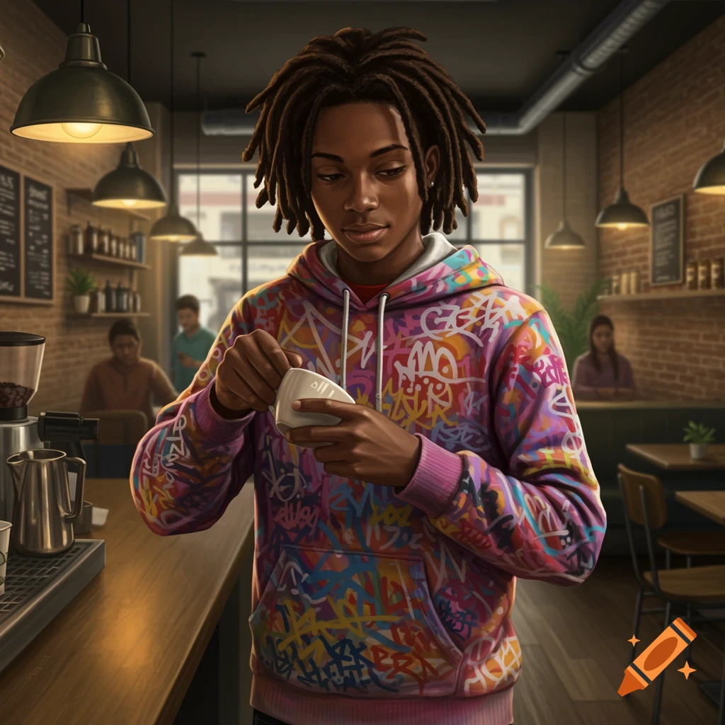 A young Black man with dreadlocks wears a colorful graffiti-patterned hoodie while pouring latte art into a cup in a warm, dimly lit cafe.