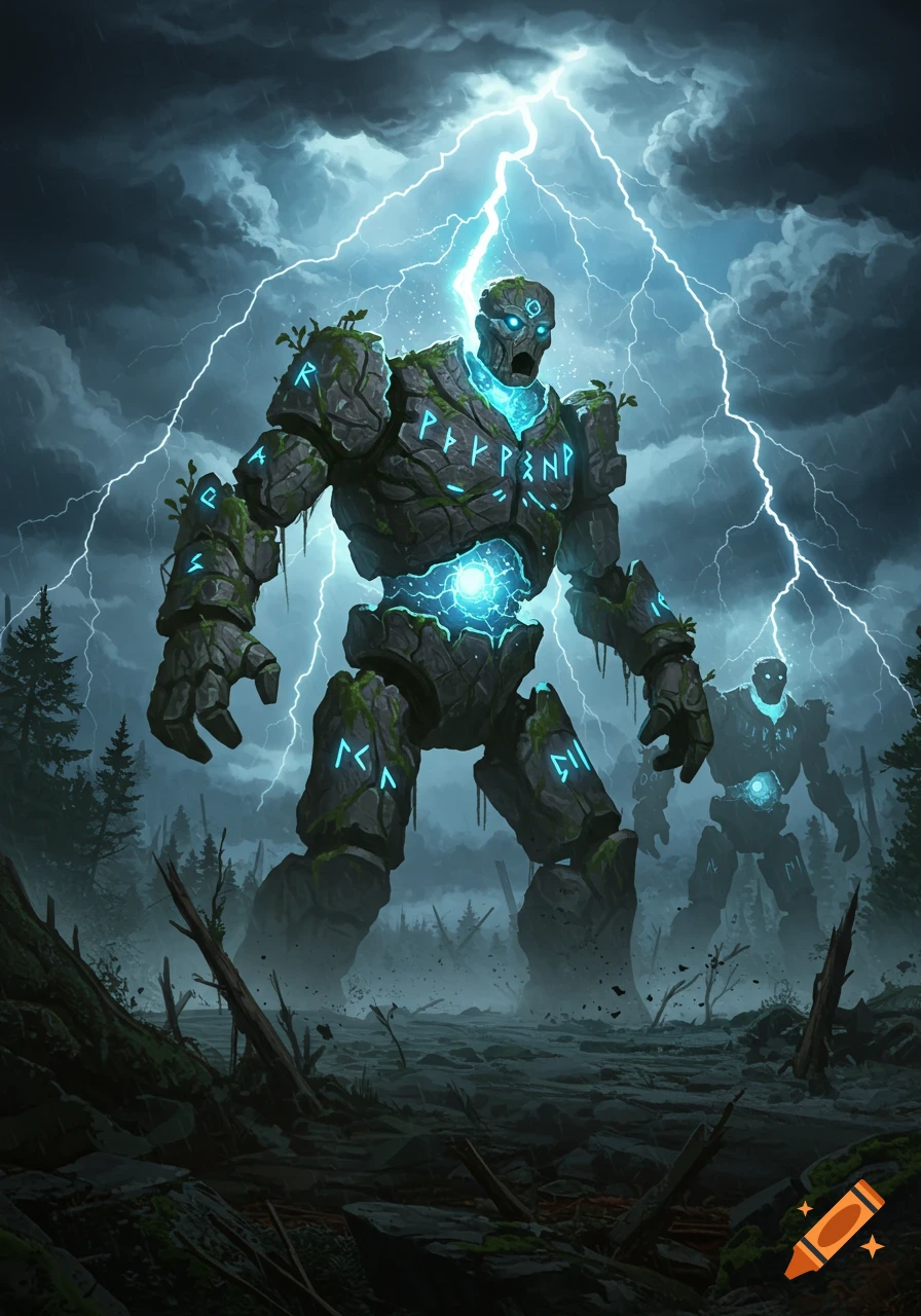 Two massive stone golems with glowing blue energy and runes stand in a stormy, lightning-filled forest clearing at night, digital art.