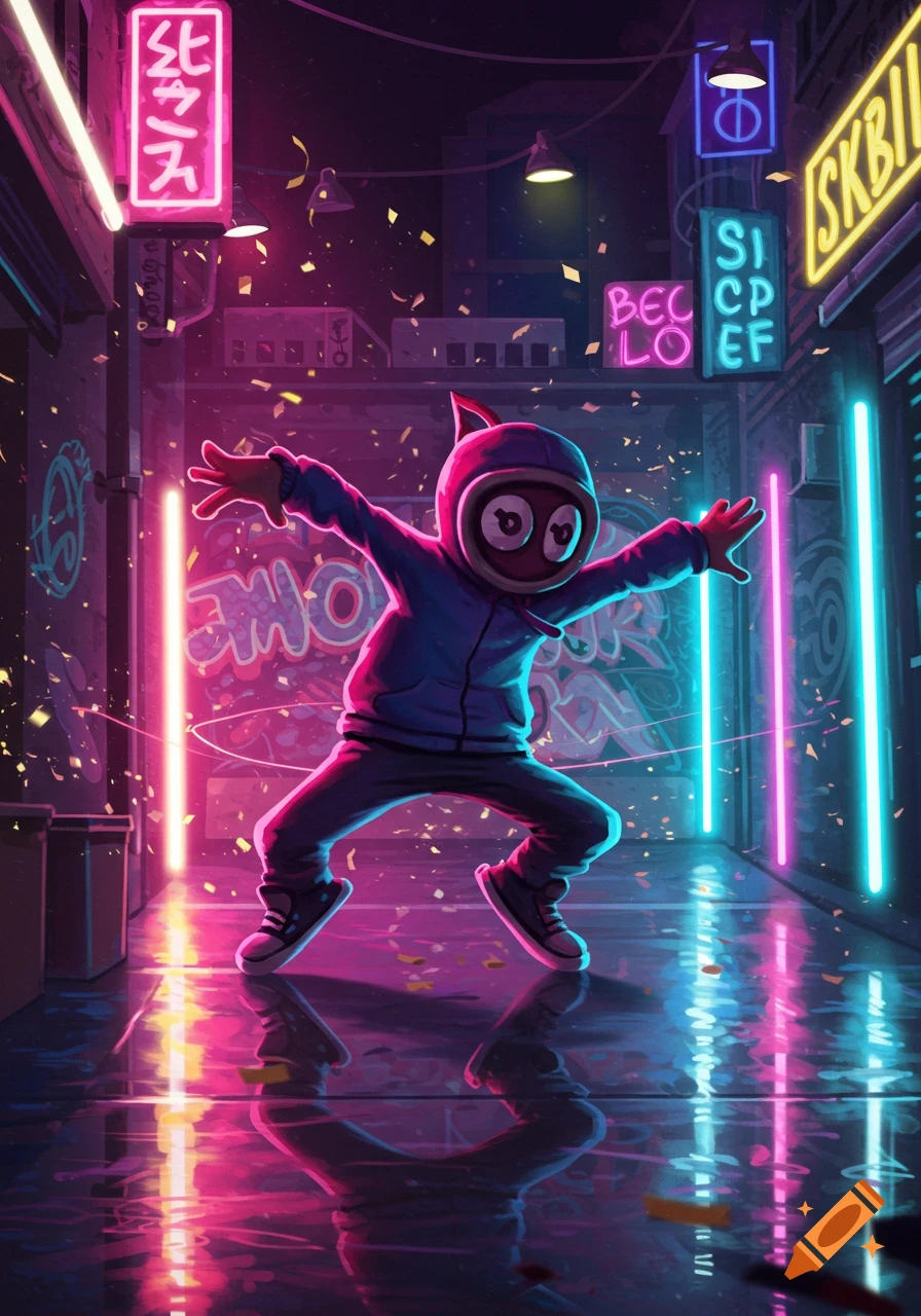 A cartoon character in a hooded jacket and large eyes dances in a neon-lit alleyway with confetti, vibrant graphic style.
