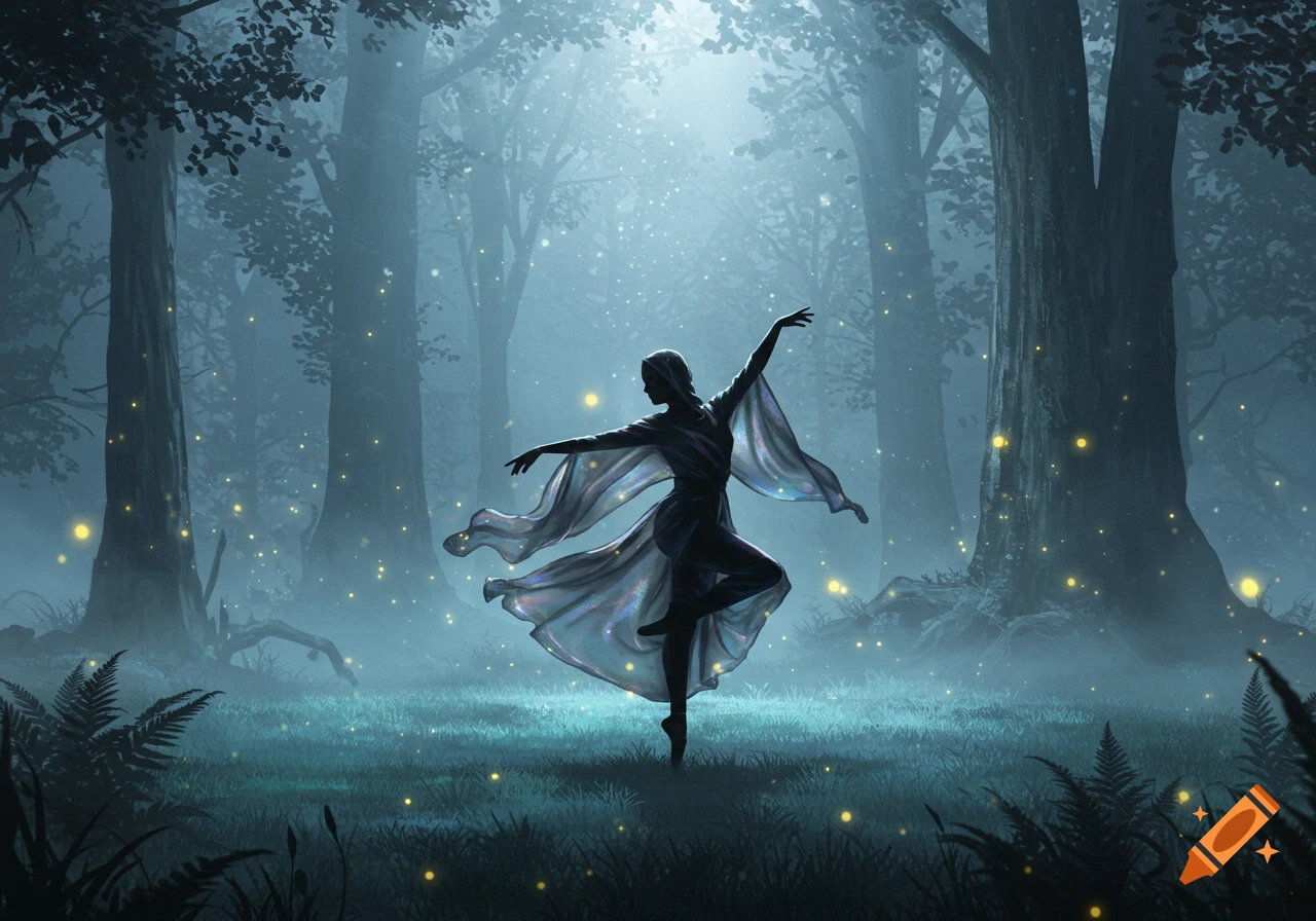 A silhouetted dancer in flowing robes performs in a mystical, foggy forest with glowing fireflies.