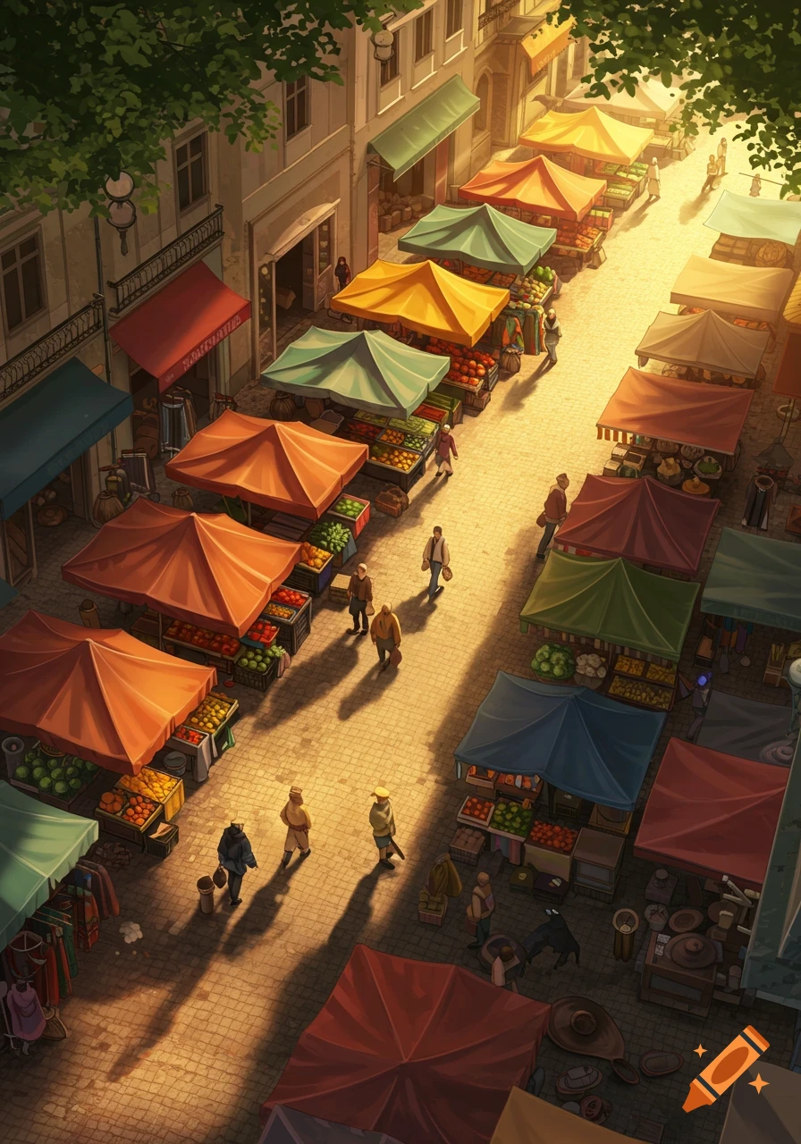Overhead view of a vibrant street market with colorful awnings, produce stalls, and people on a sunlit cobblestone street in digital painting style.