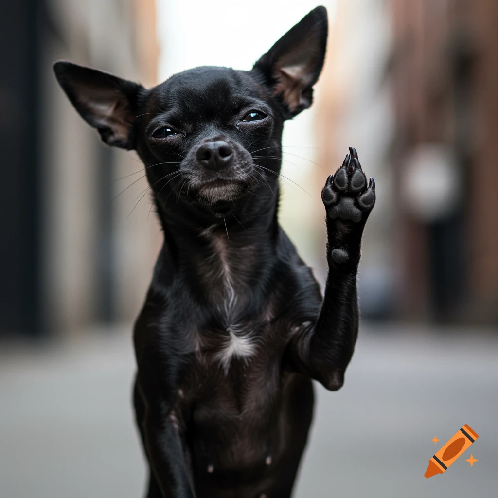A photorealistic black chihuahua raises its right paw with pads showing, looking directly at the viewer with a slight smirk.