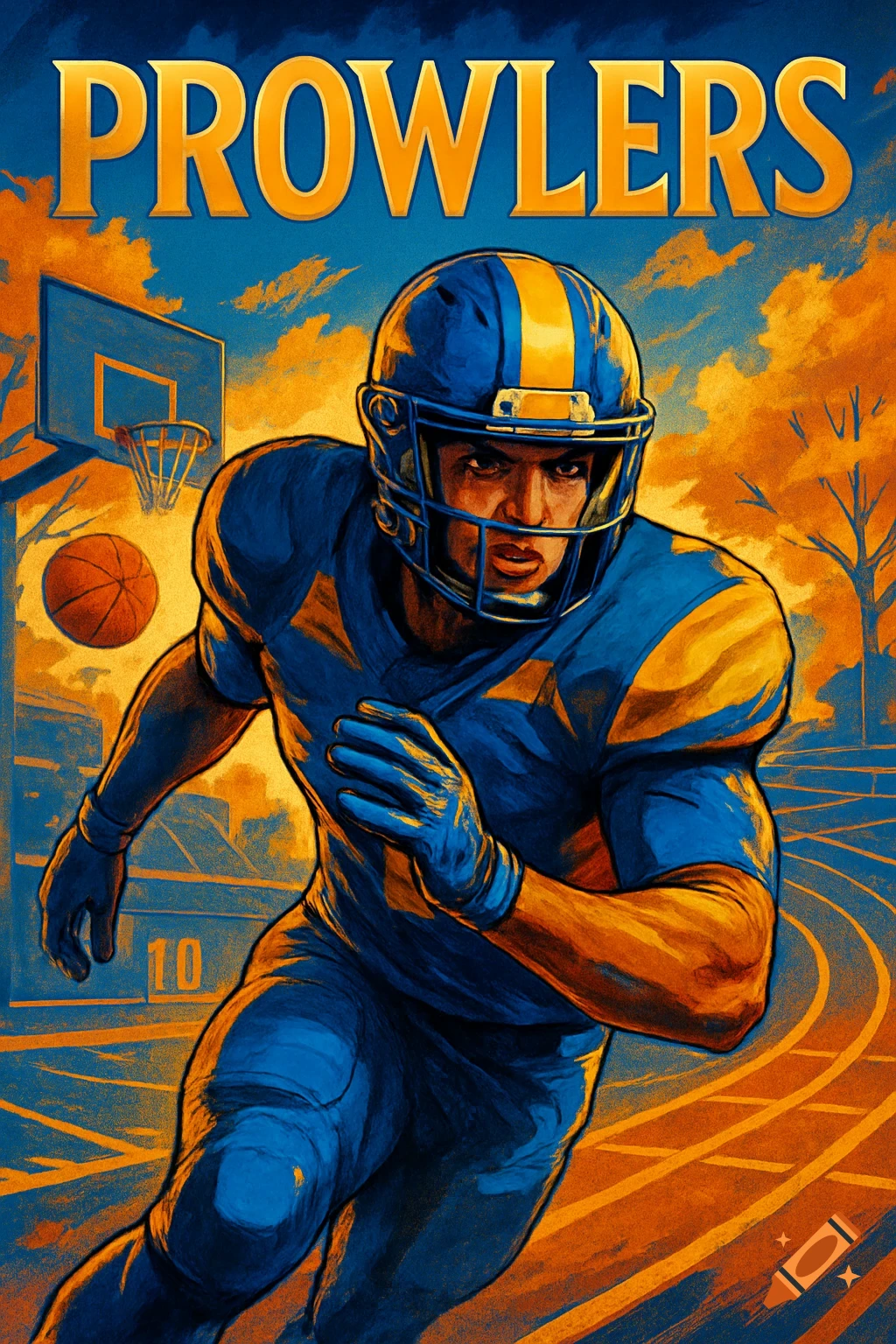 A stylized illustration of a football player in blue and gold running on a track, with a basketball hoop in the background, under the title "PROWLERS".
