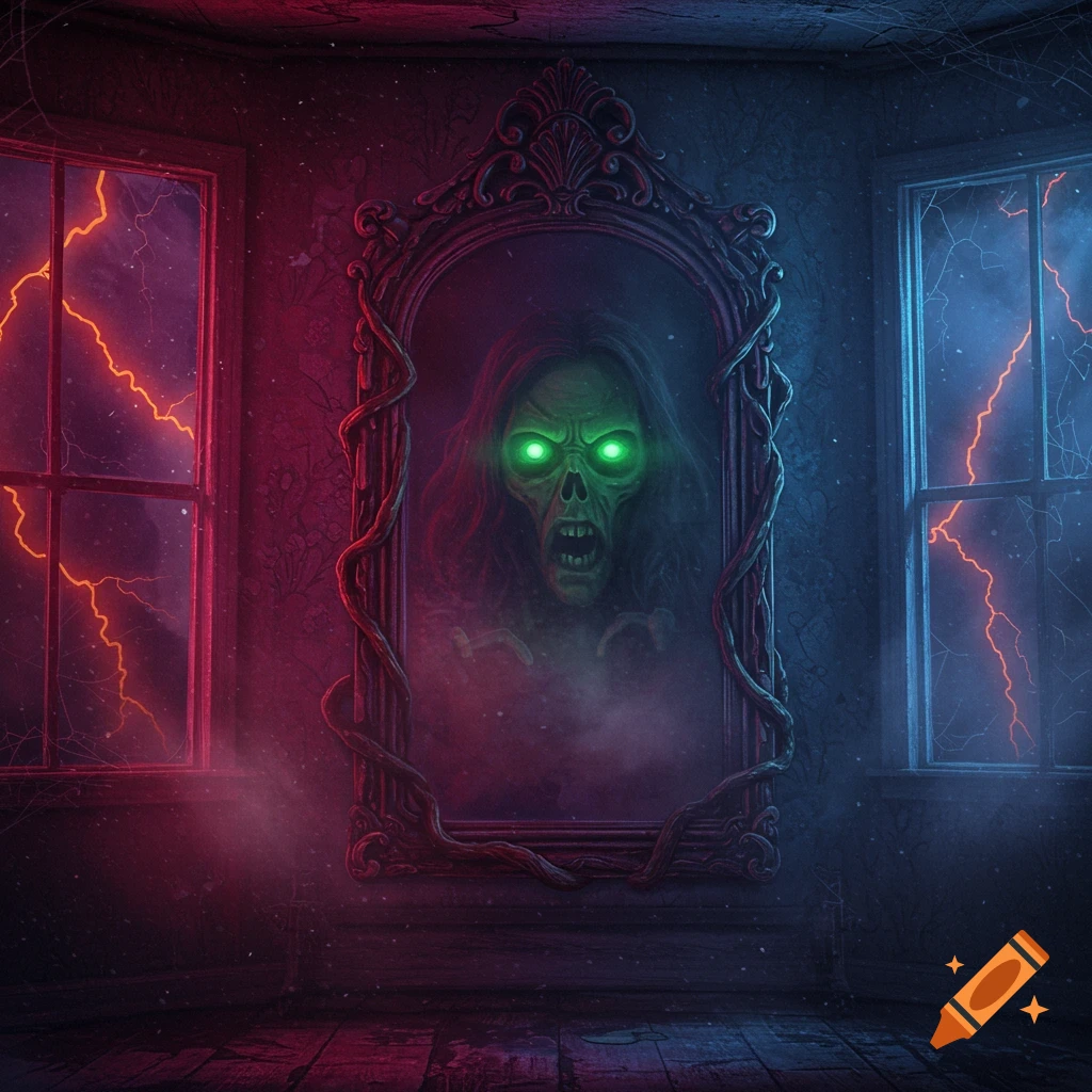 A creepy zombie-like face with glowing green eyes reflected in an ornate mirror in a dark, ominous room with lightning outside, horror illustration.