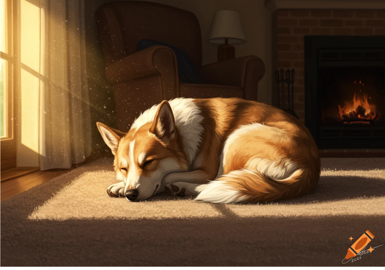 A corgi dog sleeps curled up on a sunlit rug in a cozy room with a fireplace.