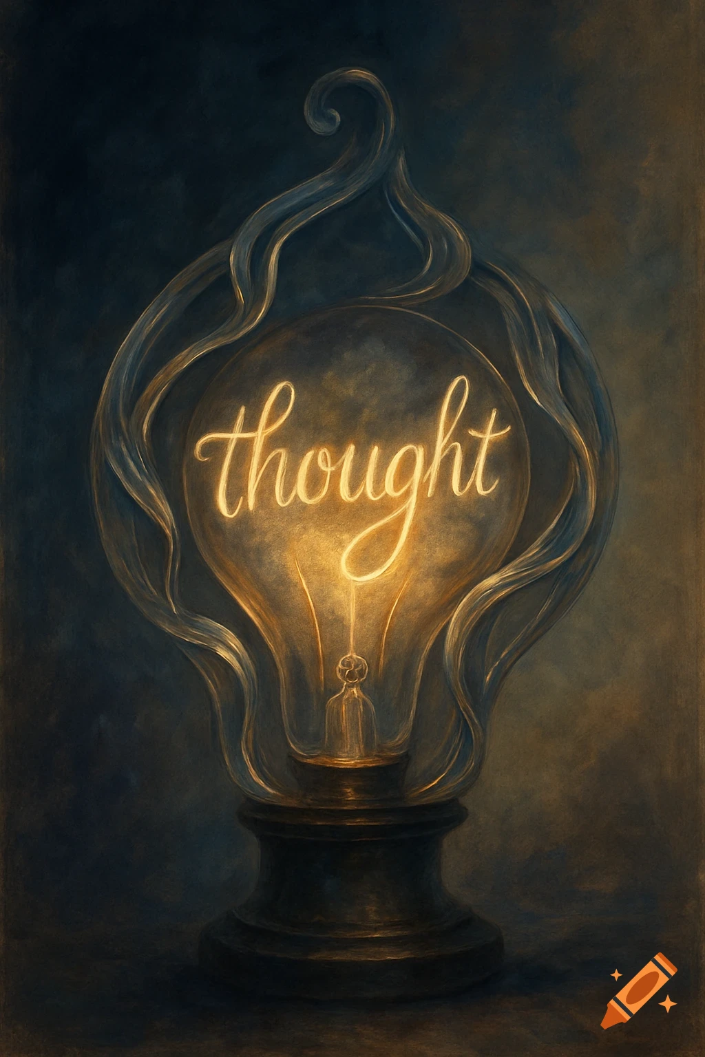 A glowing lightbulb with the word 'thought' illuminated inside, set against a dark, textured background in a conceptual art style.
