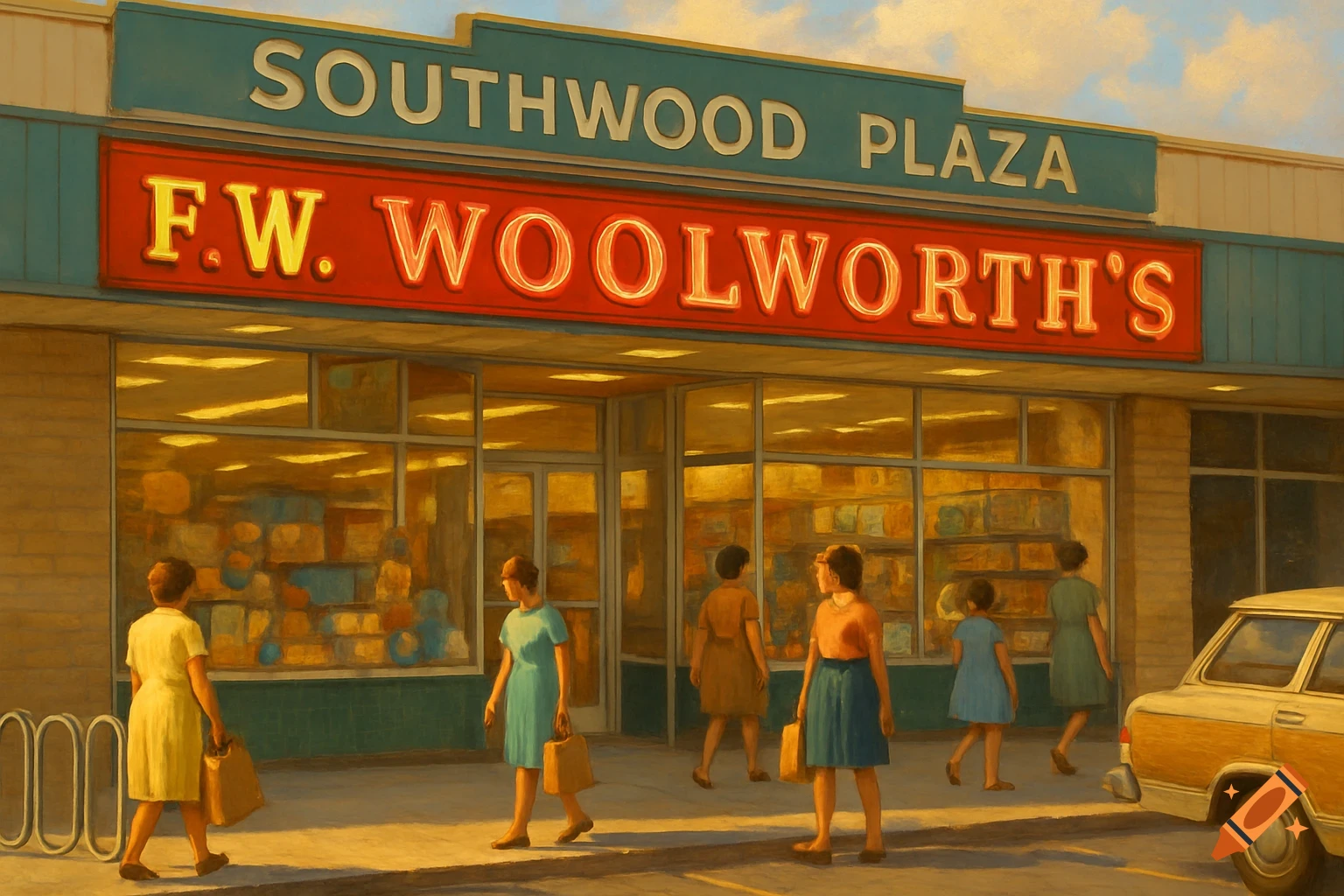 A painterly image of an old F.W. Woolworth's store in Southwood Plaza with people walking on the sidewalk.