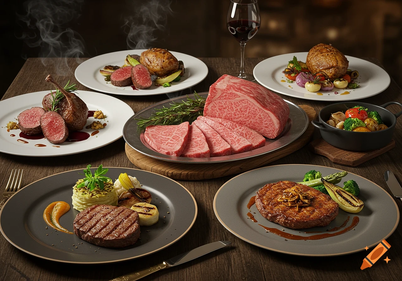 A lavish photorealistic spread of gourmet meat dishes and raw wagyu beef, accompanied by vegetables and red wine on a wooden table.