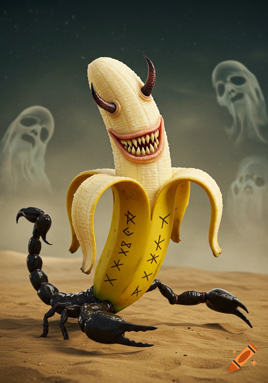 A creepy demon banana with sharp teeth, horns, and a scorpion tail stands in a desert with ghostly figures in the background, in a photorealistic style.