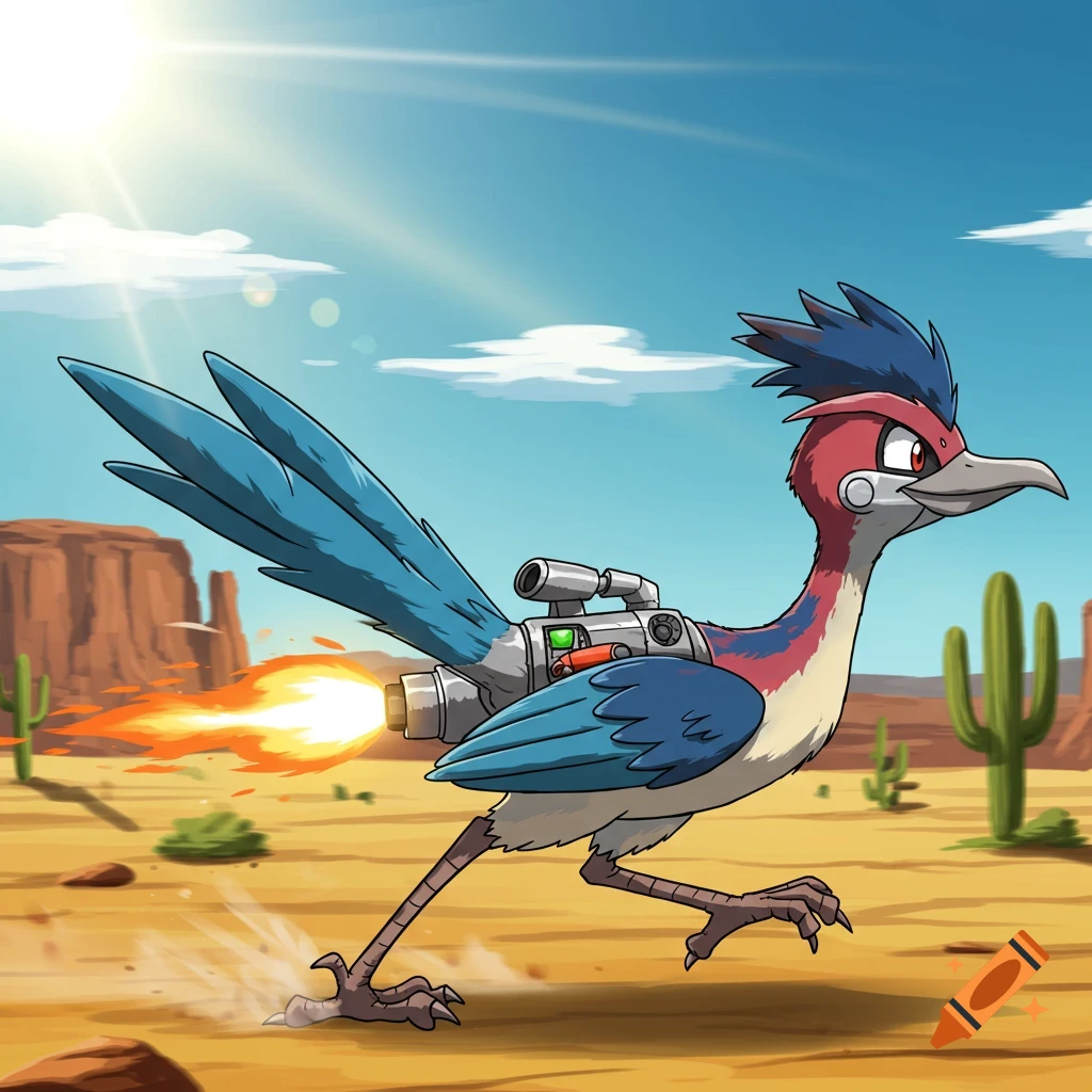 Cartoon roadrunner with a jet engine on its back, speeding through a sunny desert landscape with cacti and mesas, in a Pokemon art style.