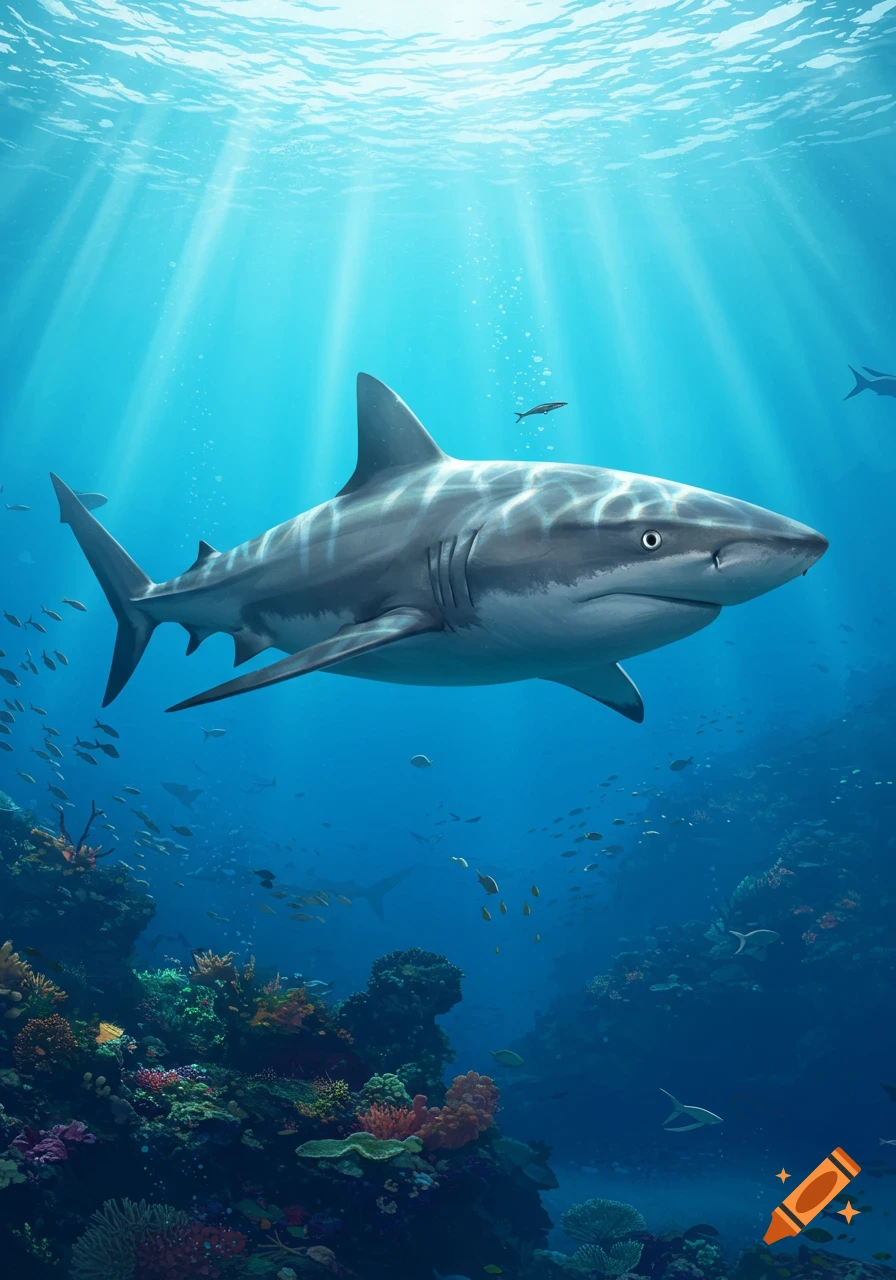 A large shark swims through clear blue water above a vibrant coral reef, with sun rays filtering from the surface.