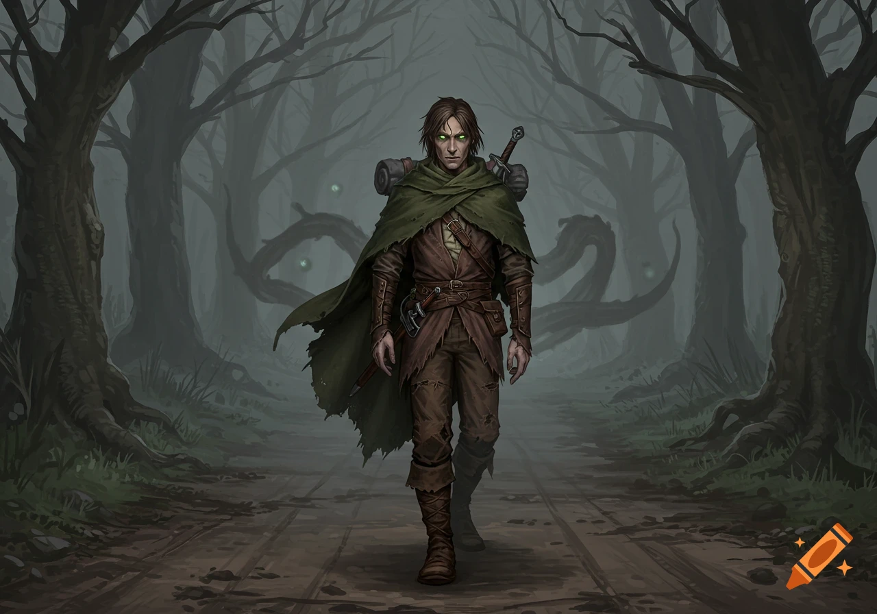 A lone male wanderer with glowing green eyes and a tattered green cloak walks down a muddy path in a dark, misty forest, with shadowy tendrils in the background. Digital art.
