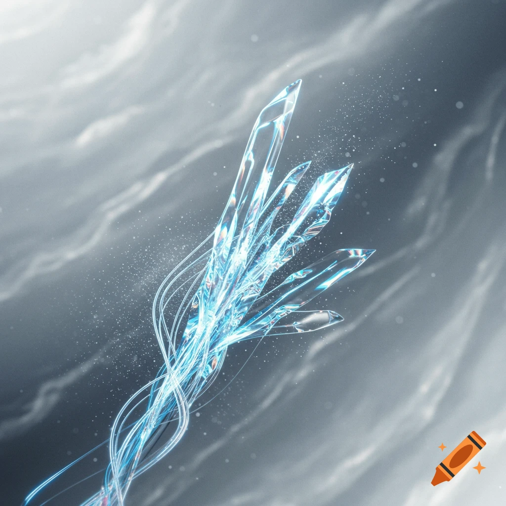 Abstract glowing blue crystal forms with swirling light trails on a soft gray background.