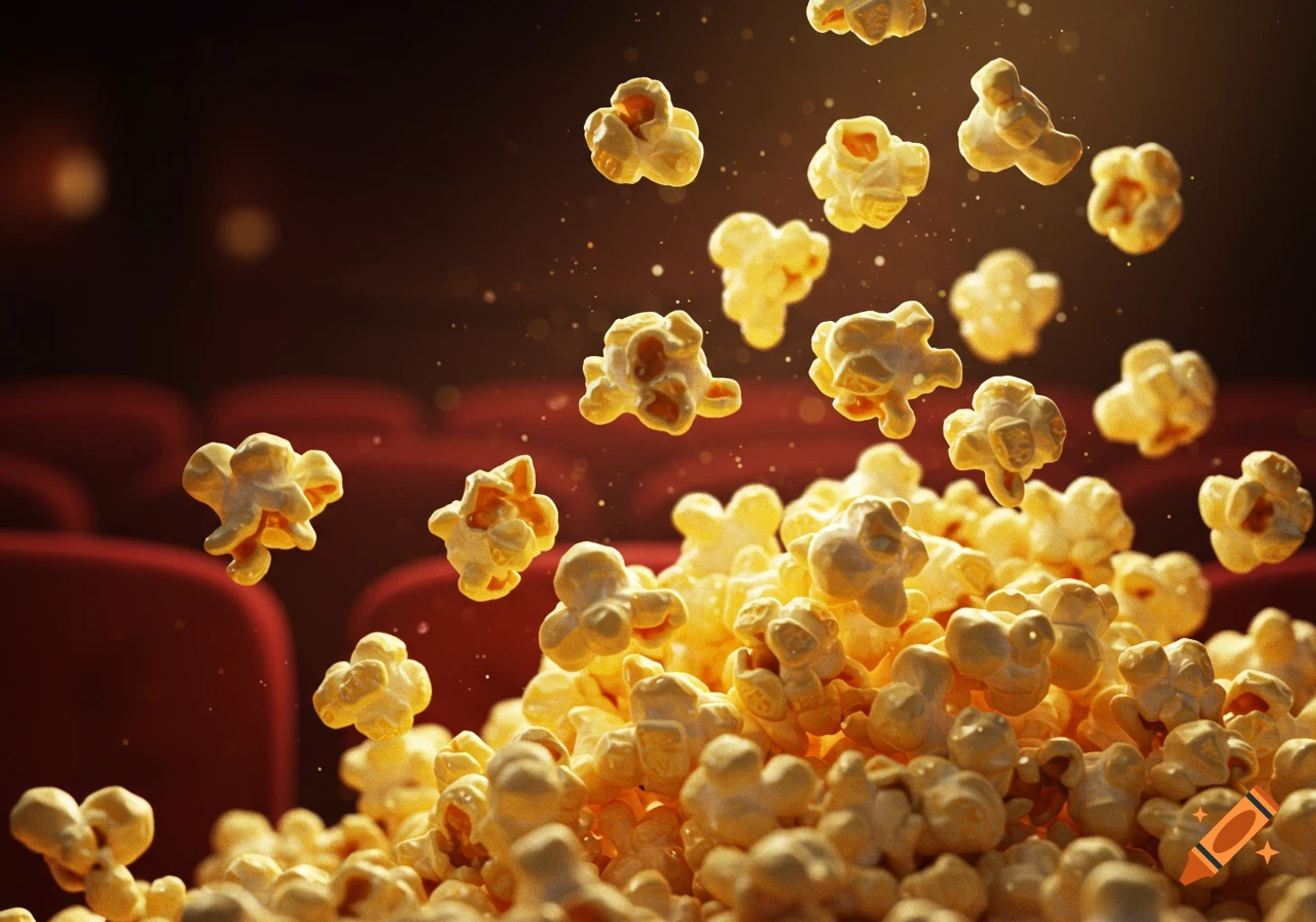 Photorealistic close-up of popcorn kernels falling into a pile with blurred red cinema seats in the background.