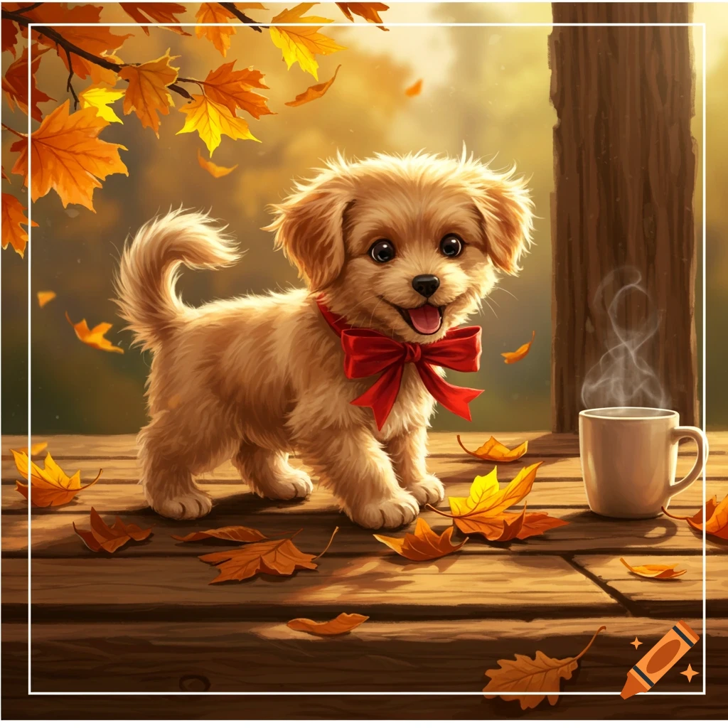 A fluffy golden puppy with a red bow stands on a wooden deck covered in autumn leaves, with a steaming mug nearby.