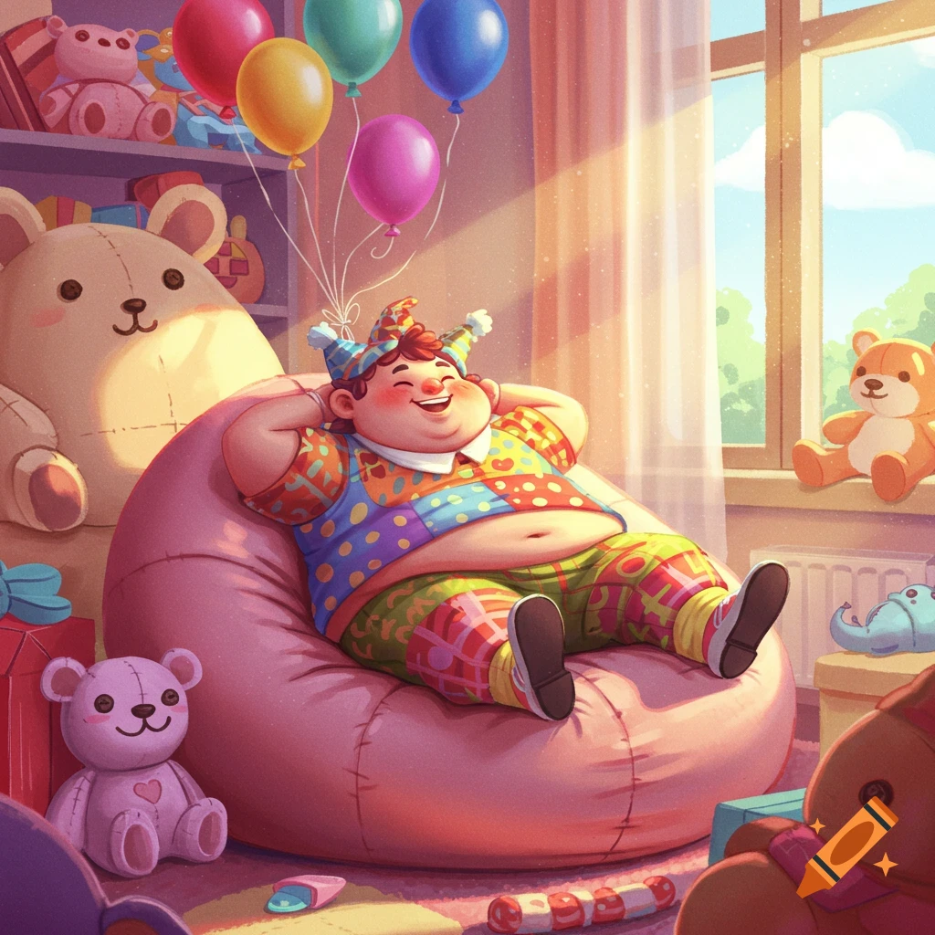 A happy, plump cartoon character in a colorful patchwork outfit laughs while relaxing on a pink beanbag in a sunny room filled with toys and balloons.