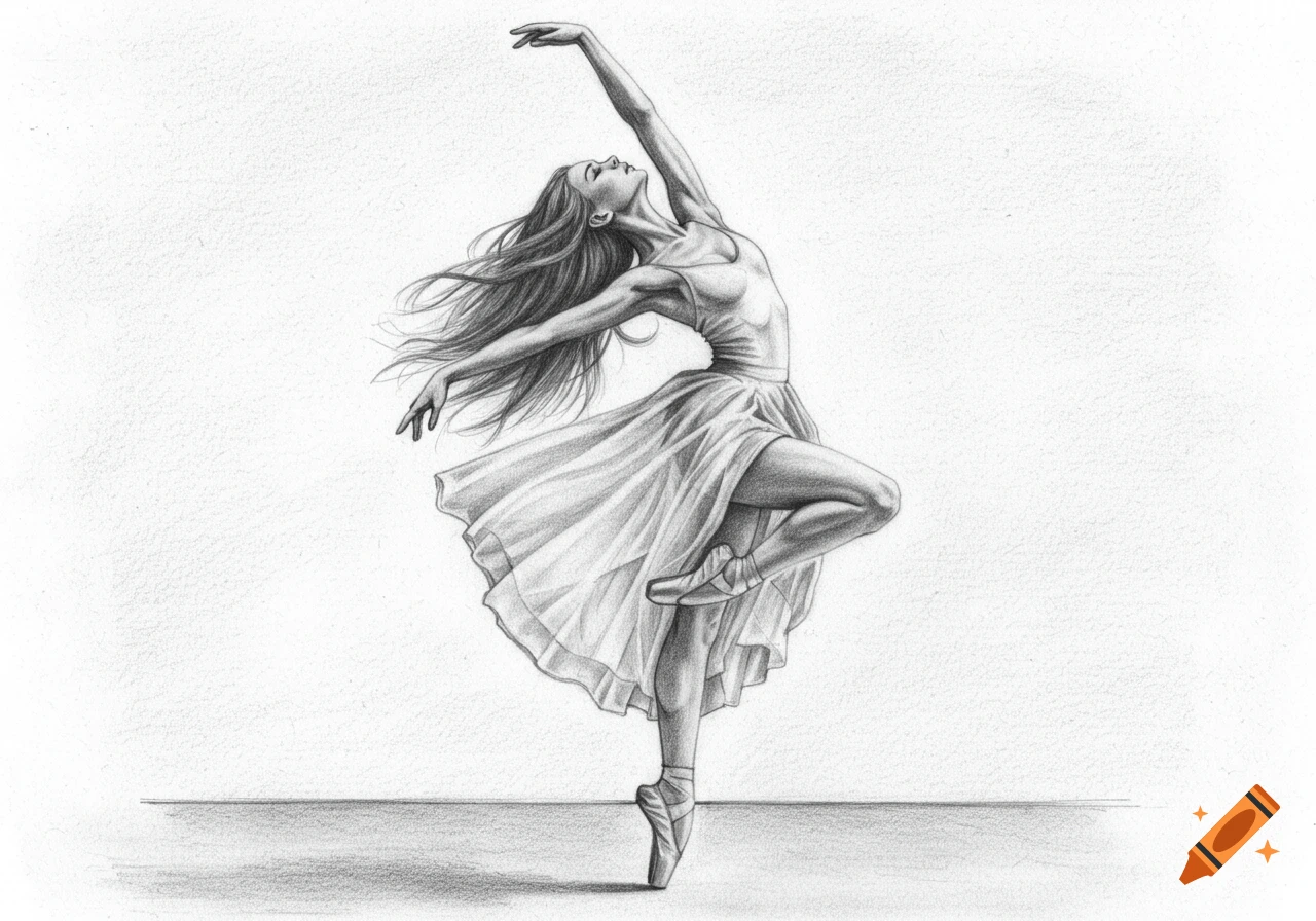 A detailed pencil drawing of a ballerina dancing en pointe in a graceful pose with arms raised and hair flowing.