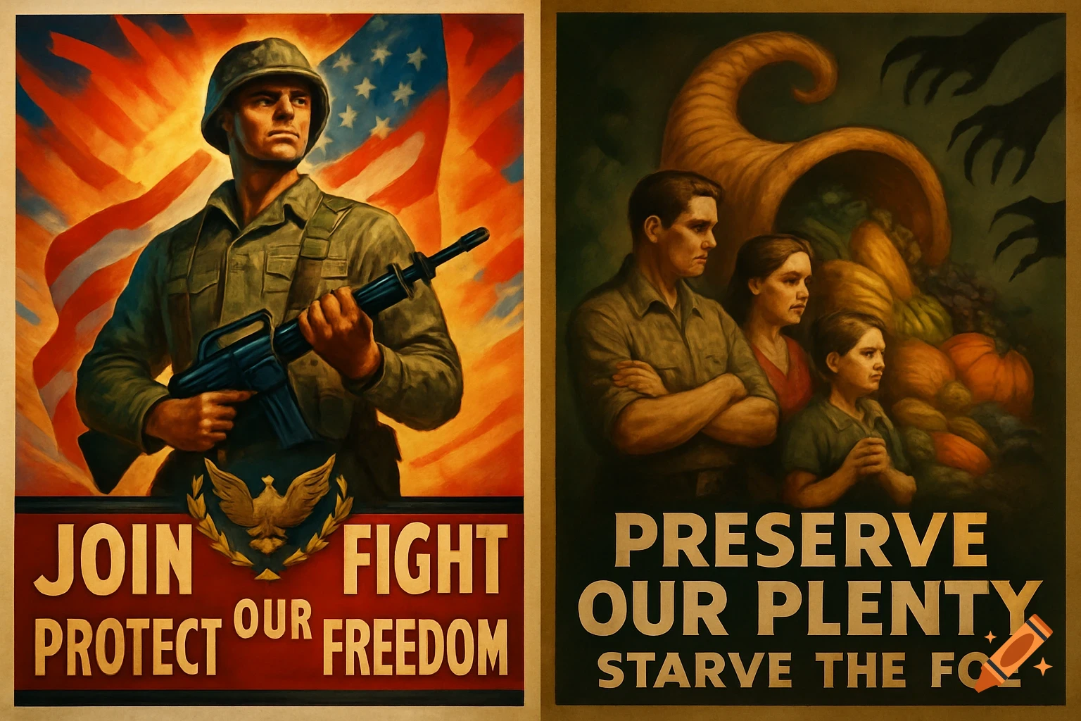 Two propaganda posters. The left shows a soldier with a rifle against an American flag with text 'JOIN PROTECT OUR FIGHT FREEDOM'. The right shows a family looking at a cornucopia with shadowy hands, text 'PRESERVE OUR PLENTY STARVE THE FOE'.